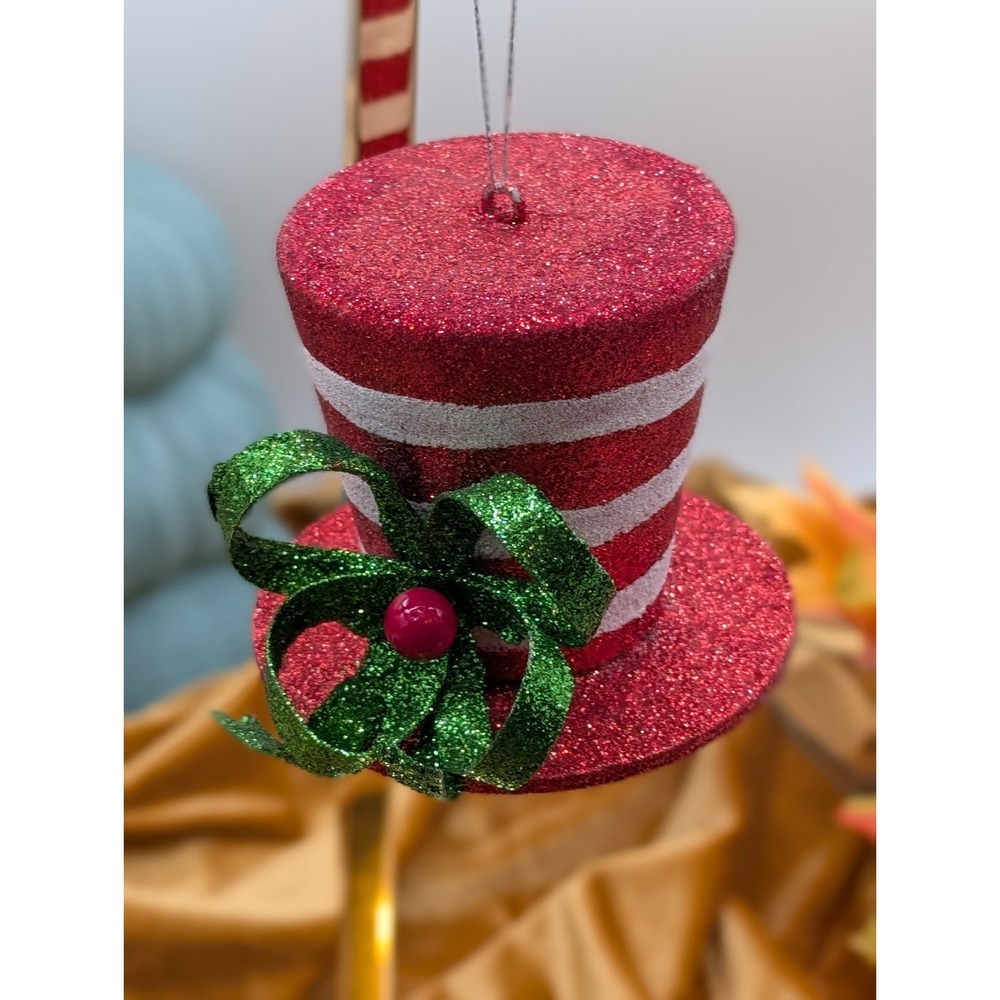 2015 Snowmen Glitter Top Hat Christmas Ornament Red White Striped Green Bow